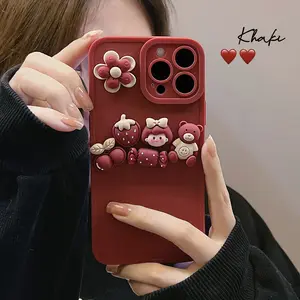 Casing ponsel beruang bunga untuk anak perempuan, casing silikon cair 3D kartun beruang bunga, casing ponsel desain baru untuk iPhone 15 plus 14 13 pro 12 11 pro max X XS max