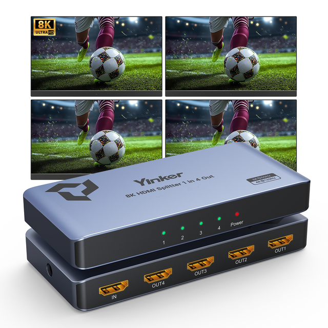Yinker 8K 60Hz HDMI Splitter 1 in 4 Out + AC Adapter ,  40Gbps HDMI Splitter 1x4 8K 60HZ 4K 120hz Aluminum