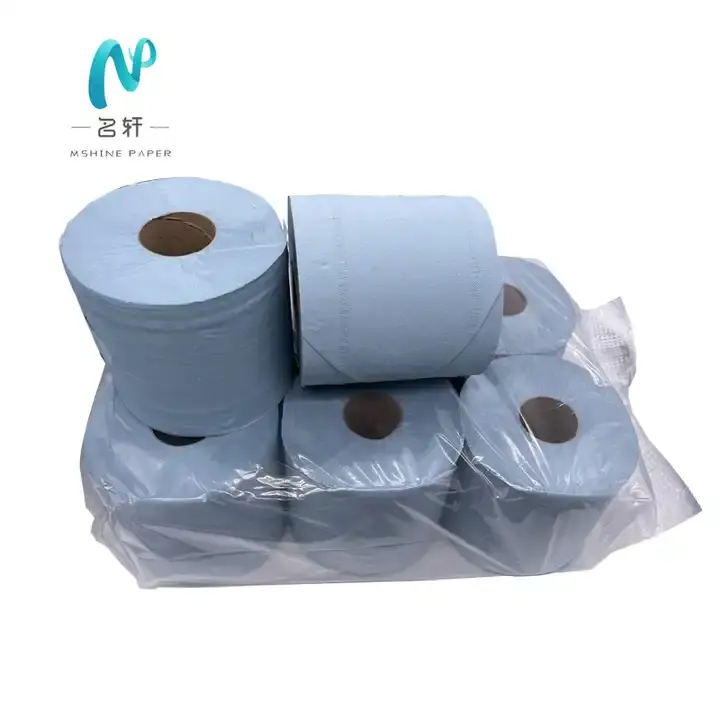 Rollo de papel de toalla de mano grande compatible con alimentación central en relieve de 2 capas azul reciclado comercial