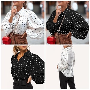 Chemises blanches pour femmes Printemps Automne Dot Fashion Blouses Button Loose Long Lantern Sleeve Lapel Elegant Office Tops Femme - Product Image 6