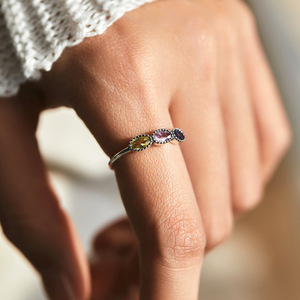 S925 Sterling <b>Silver</b> Open <b>Ring</b> With Three Oval Multi Color Natural Gemstones <b>Adjustable</b> Stackable Finger Jewelry For Women Gift - Product Image 2