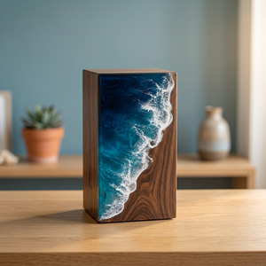 Urne funéraire en résine motif vague océanique, boîte à urne commémorative en bois, finition bois naturel, décor vague bleue - Product Image 4