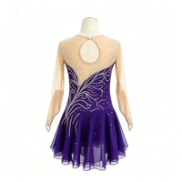 Robe de patinage artistique pour enfants et adultes, violet foncé, tissu en maille, manches longues, strass, jupe en tulle fluide pour la compétition et la performance