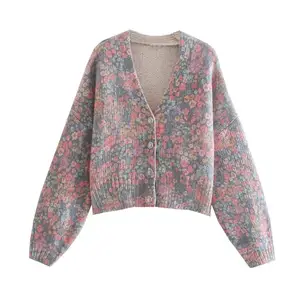 2022 spring women clothing Floral girls sweater cardigan V neck woman sexy sweater plus size of woman knitted sweatershirt