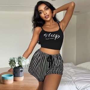 Setelan piyama Suspender wanita, celana pendek termal dengan garis huruf yang bisa dipakai di luar ruangan - Product Image 6