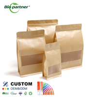 Sachet Doypack marron jetable en papier kraft avec fenêtre transparente, refermable à fermeture éclair, pour le stockage de grains de café et d'aliments