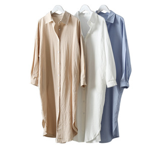 Nouveau coton lin couleur unie hauts femmes à manches longues lâche <span class=keywords><strong>chemise</strong></span> robes - Product Image 1
