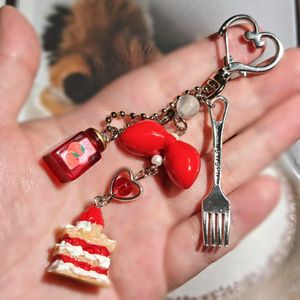 Cute Girly Heart Sweet Ins Style Stereo Bow Strawberry Cake Cubiertos Decoración Llavero Hecho de aleación - Product Image 3