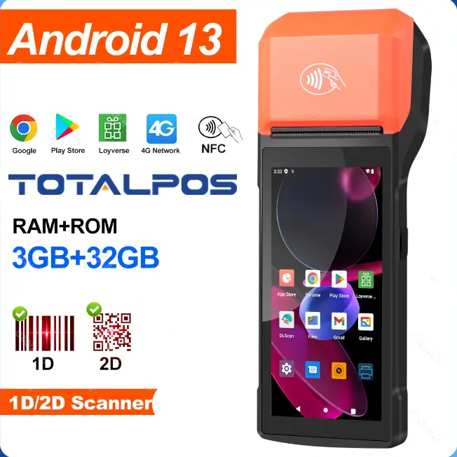 TOTALPOS Factory 5.5 tout-en-un 4G nfc Google Loyverse mobile mini portable paiement intelligent android pos terminal avec imprimante