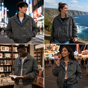 Giacca da Lavoro Personalizzata OEM per Uomo, Giacca Pesante per Vigili del Fuoco con Chiusura a Moschettone, Giacca in Denim Pesante Testurizzato, Abbigliamento da Lavoro Stile Bomber - Product Image 2