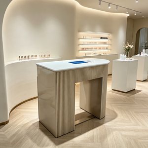 Table de manucure double poste avec aspirateur de poussière, plateau en pierre blanche, panneau cannelé, pour salon de beauté et spa des ongles - Product Image 3