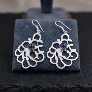 <b>Silver</b> <b>Drop</b> <b>Earrings</b> with Geometric Amethyst Design Handmade Ethnic Jewelry From Rajasthan Unisex Wholesale - Product Image 2