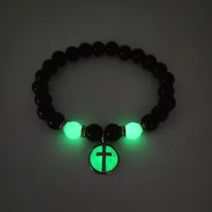 2312 New glow-in-the-dark luminous jewelry hand hot black agate bead bracelet round cross