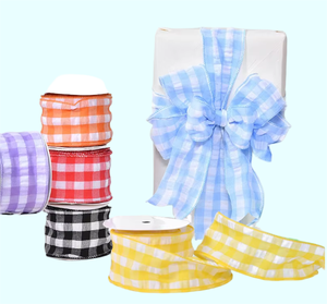 Ruban à carreaux Gingham avec bordure filée Boca pour emballage cadeau, décoration de fête champêtre et loisirs créatifs - Product Image 1