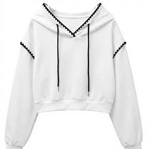 เสื้อฮู้ดครอปท็อปผู้หญิง แขนยาว แต่งขอบตัดกัน สไตล์ลำลอง มีเชือกผูก - Product Image 1