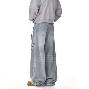 Wholesale 100% Cotton Mid Waist Loose Fit Casual Plus Size Solid Color With Pockets <b>Button</b> <b>Fly</b> Men's Wide Leg Stonewashed <b>Jeans</b> - Product Image 4