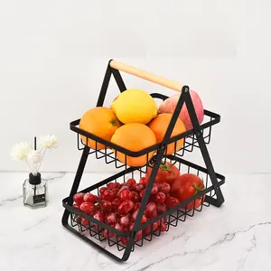 2 Tier Metal Basket Rack Kitchen Countertop Mini Fruit Vegetable Wire Basket Storage Organizer Hanging Storage Basket