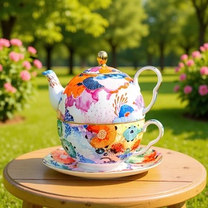 Bone <b>China</b> Tea Set - Coral Reef Watercolor Floral Nesting Teapot with <b>Cup</b> <b>and</b> <b>Saucer</b> - Product Image 1