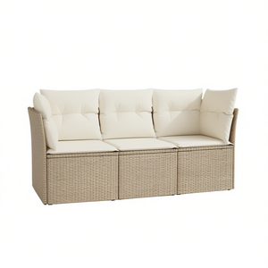 Canapé de jardin en polyrotin beige trois places, mobilier d'extérieur avec coussins en polyester, design moderne - Product Image 1