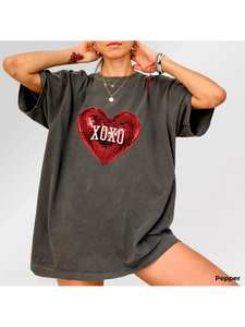 T-shirt H&M da donna con stampa Disco Ball Heart, girocollo, manica corta, vestibilità ampia, casual, per San Valentino, 100% cotone jersey, primavera estate - Product Image 3