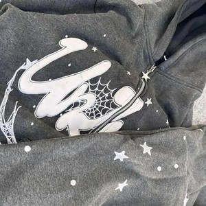 Custom Distressed Acid Wash Oversized Zip up Puff Printing Sweatpants and Hoodie <b>Set</b> Boxy Cropped Screen Printing Streetwear - Product Image 2