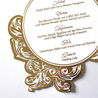 Colores personalizados de lujo de hoja de oro impreso menús de Boda Tarjetas de menú de papel hechas a mano para restaurante comida bares música Ángel Cruz