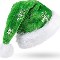 SOLPOP Weihnachtsmütze aus Samt und Plüsch mit Pailletten, grüner Weihnachtsmann-Elfenhut mit glitzernden Pailletten-Schneeflocken, Weihnachtsfeierzubehör