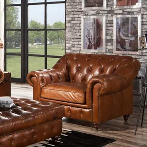 Casa sala mobília luxo sofá conjunto top grão couro genuíno rolou braço chesterfield vintage marrom tufado botão sofá