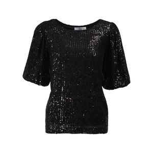 Chemise à manches courtes à col rond en sequins noirs glamour pour femmes - Haut de fête élégant T-<span class=keywords><strong>shirt</strong></span> pour femmes - Product Image 4