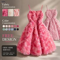 Robe de soirée mini décontractée d'été pour femme en polyester et coton, rose, col en V, bretelles spaghetti, sans manches, avec appliques florales 3D, coupe trapèze