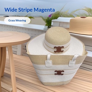 Set Estivo <span class=keywords><strong>Borsa</strong></span> in Paglia e Cappello a Tesa Larga a Righe con Chiusura a Cerniera per Commercio Estero Transfrontaliero - Product Image 4