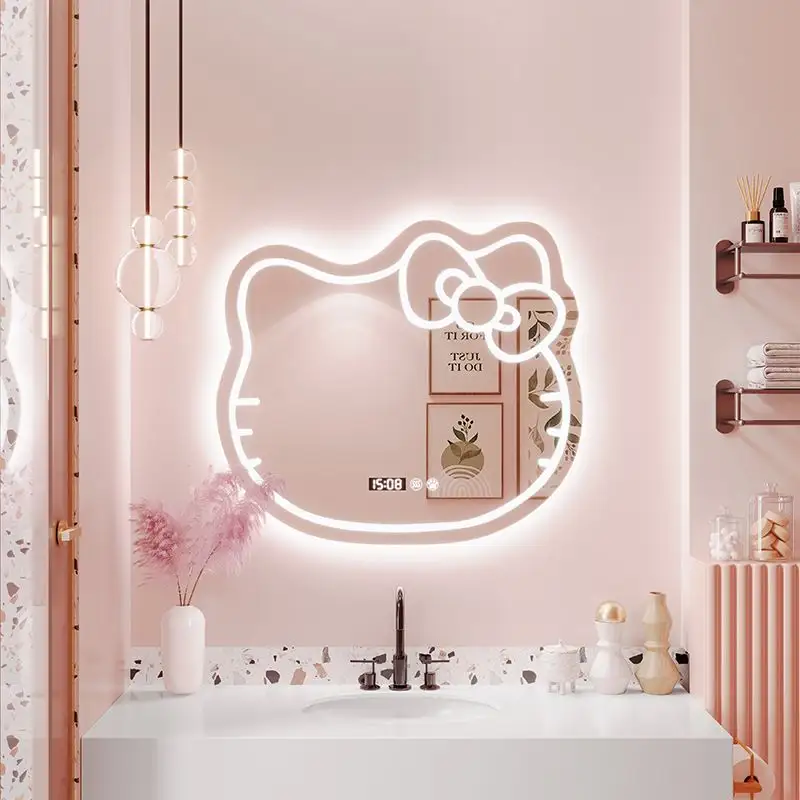 Hello Kitty cermin kamar mandi pintar, lampu LED layar sentuh gantungan dinding tidak teratur meja rias lampu cermin