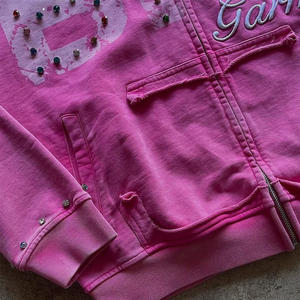 Sweat-shirts unisexes 100% coton, style streetwear oversize, pour l'automne, avec impression personnalisée, logo brodé, effet délavé, strass. - Product Image 3