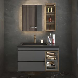 Meuble-lavabo mural gris foncé moderne à double tiroir avec vasque intégrée et armoire miroir LED intelligente anti-buée - Product Image 2