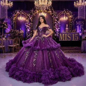 ชุดราตรีงาน Quinceanera รุ่น Dy1577 สีม่วงรอยัล ประดับดอกไม้ 3 มิติ แบบแอพพลิเคชั่น คอรูปหัวใจ ประดับเลื่อมระยิบระยับ กระโปรงชีฟองระบายช่วงเอวธรรมชาติ - Product Image 1