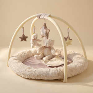 Tapis d'éveil minimaliste crème pour bébé avec pare-chocs rembourré, centre d'activités sensorielles, jouets étoiles détachables, tapis neutre pour le temps sur le ventre - Product Image 4