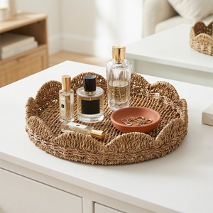 Round Woven Storage <b>Basket</b> Seaweed Handmade Living Room Coffee <b>Table</b> Top Tray Sustainable Unfinished One Compartment - Product Image 2