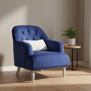 <b>Blue</b> <b>Velvet</b> One Seater <b>Armchair</b> Tufted Back Wooden Legs Living Room Chair - Product Image 2