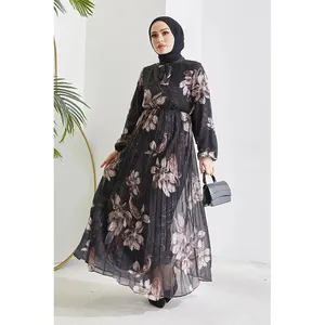 2024 Новое дизайнерское платье с круглым вырезом, женское мусульманское платье из Турции, элегантное однотонное платье с длинным рукавом и поясом с цветочным принтом