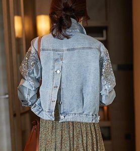Tops <span class=keywords><strong>en</strong></span> <span class=keywords><strong>jean</strong></span> élégants pour femmes, nouvelle <span class=keywords><strong>veste</strong></span> <span class=keywords><strong>en</strong></span> <span class=keywords><strong>jean</strong></span> à revers ornée de paillettes - Product Image 4