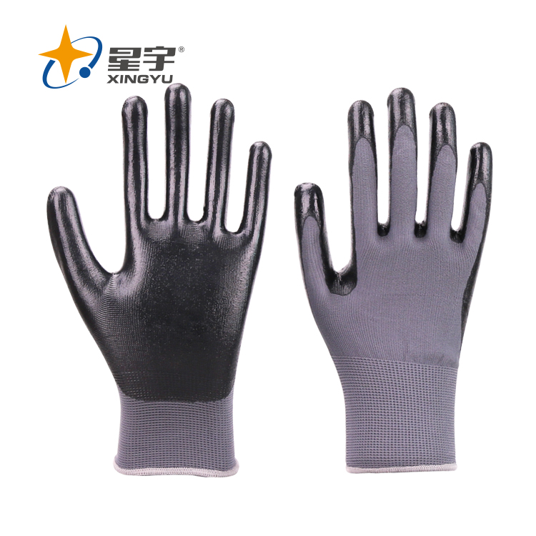 Перчатки для безопасности Xingyu, 13 г, Полиэстеровые нитриловые перчатки из пеноматериала, защитные рабочие перчатки, нитриловые перчатки, черные