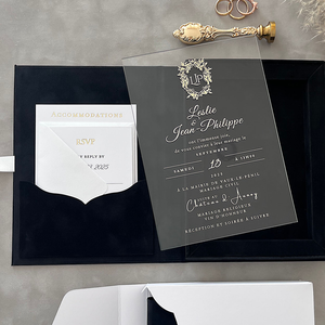Invitations personnalisées en daim noir personnalisé boîtes de mariage en acrylique boîte de présentation doublée de velours feuille d'or avec pompon - Product Image 2