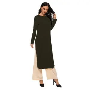 女性カジュアル長袖シャツOネックファッションサイドスプリットチュニックイスラムドレスブラウスプラスサイズM-4XL