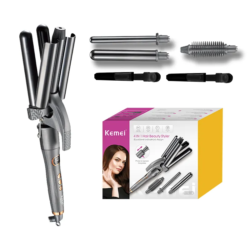 Kemei Haarstiling-Werkzeuge professionelles Salon-Lockenbügel-Set km-9207 4-in-1 Großhandel rotierender Waver 3-Fass-Haarwickler