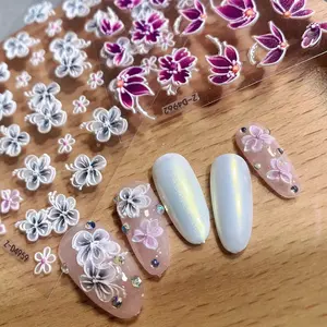 Factory Price Wholesale 6D Acrylic Nail Art Decals Embossed White Pink Butterfly Flower Water Decals Nail Sticker