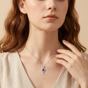 High Quality Elegant 18K White Gold Real Natural Diamond Blue Sapphire Flower Pendant Necklace Gemstone Jewelry For Women's Gift - Product Image 3