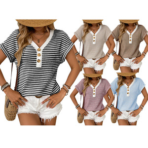 Summer Comfortable and Softness Splicing Knit V-neck Button Top Short Sleeved Shirt Fashion Versatile <strong>Women's</strong> Casual Loose Tops - Product Image 6