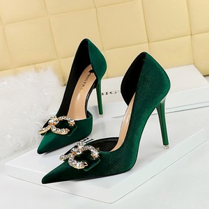 Sandalias de Tacón Alto con Pedrería en Color Vino, de Ante Sintético, para Mujer, Color Verde, Punta Puntiaguda, Tacón de Aguja de 7CM/10.5CM - Product Image 2