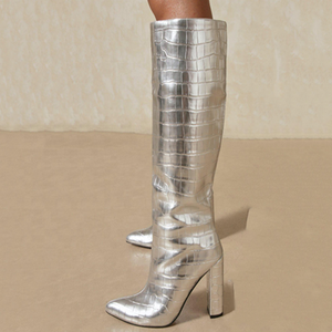 Trendy Gold Silver Shoes <b>Boots</b> High Chunky Heel Knee High <b>Boots</b> for Women Stone Print Slip-on Size 43 - Product Image 3