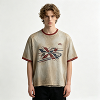 T-shirt Homme Dirty Spray Streetwear X Star Flag Print Col Ringer Vintage Coton Manches Courtes Haut Mode Urbaine Marque Vêtements